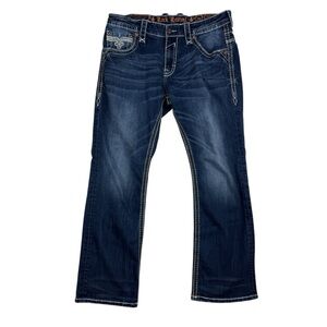 $220 Mens Rock Revival Jeans "Hobert" Leather Inserts Boot Cut 36 x 30 Pants